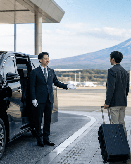 전문 드라이버가 공항 프리미엄 차량 옆에서 여행자를 맞이하는 모습